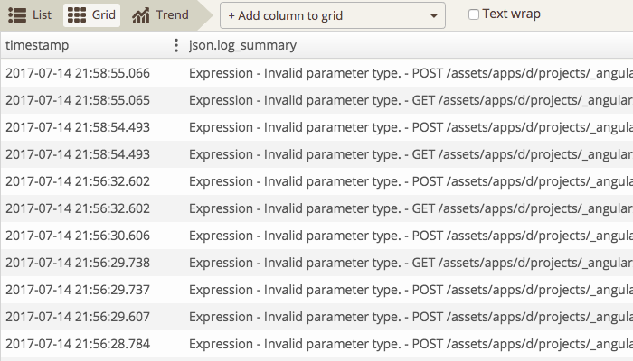 Loggly Grid search before formatting.