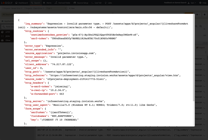 Loggly Grid search on-the-fly JSON parsing and display in a modal window.